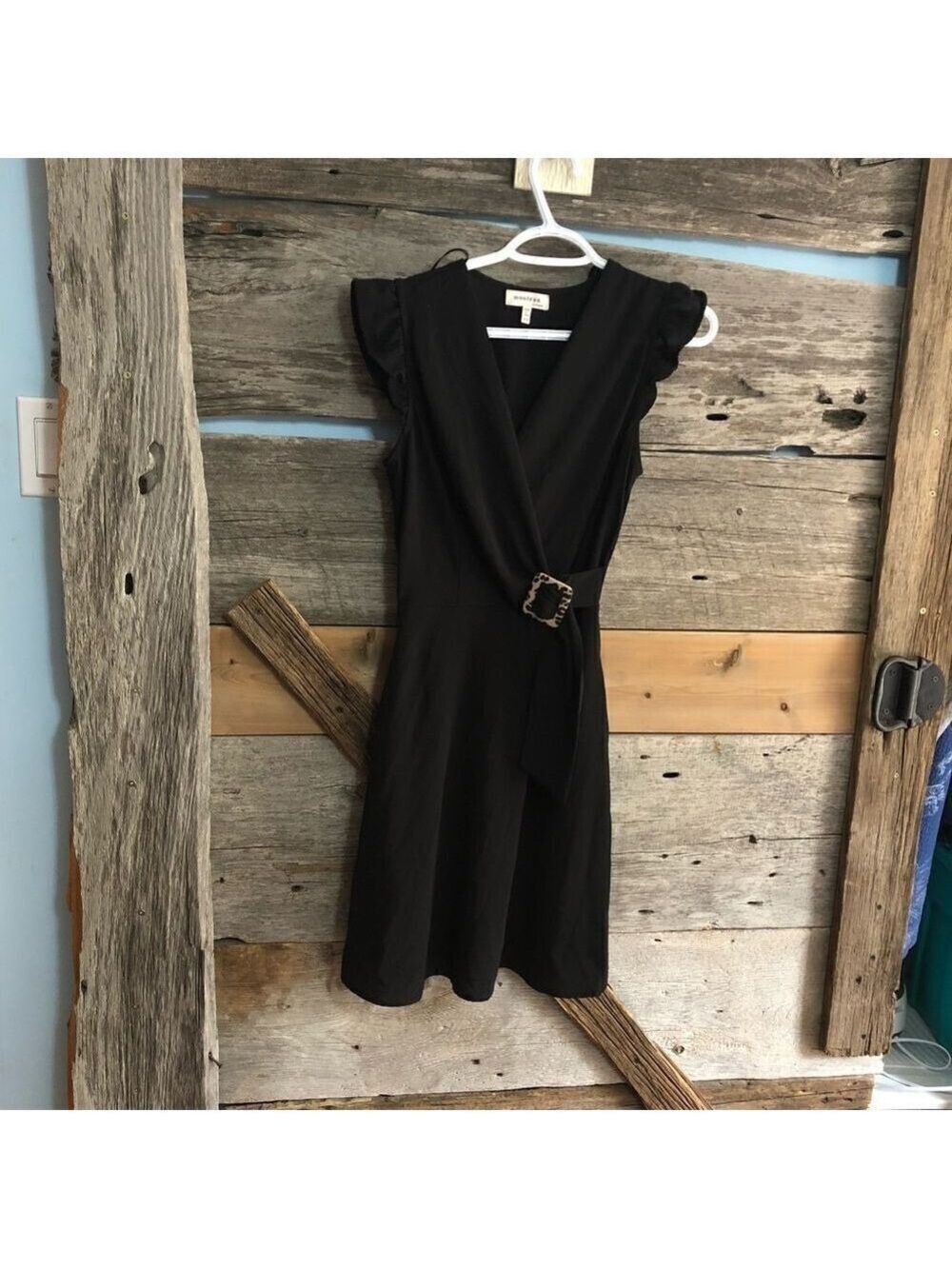 Monteau Size XS Black Faux Wrap Dress With Leopard Print Buckle